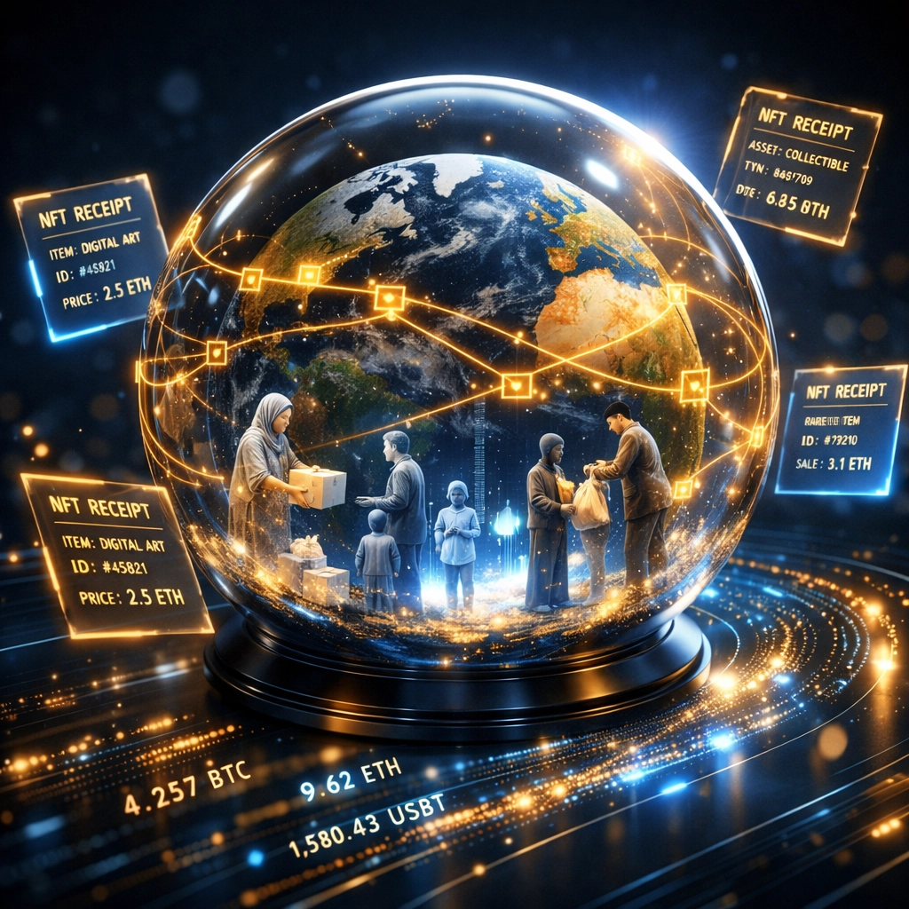 Global blockchain network connecting crypto payments to families receiving food aid with NFT receipt transparency