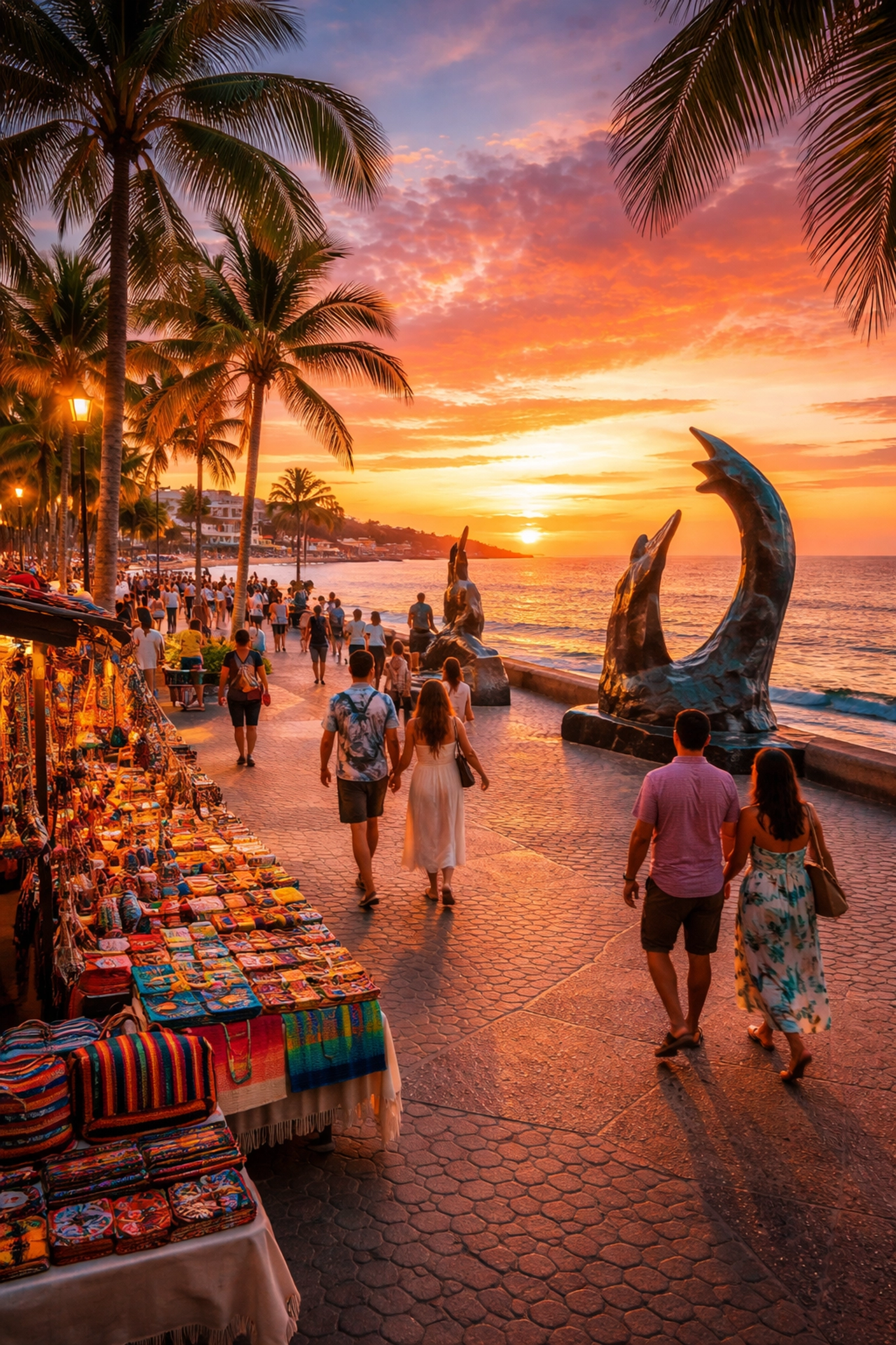 Couples enjoying sunset stroll along Puerto Vallarta Malecón boardwalk with artisan stalls and bay views