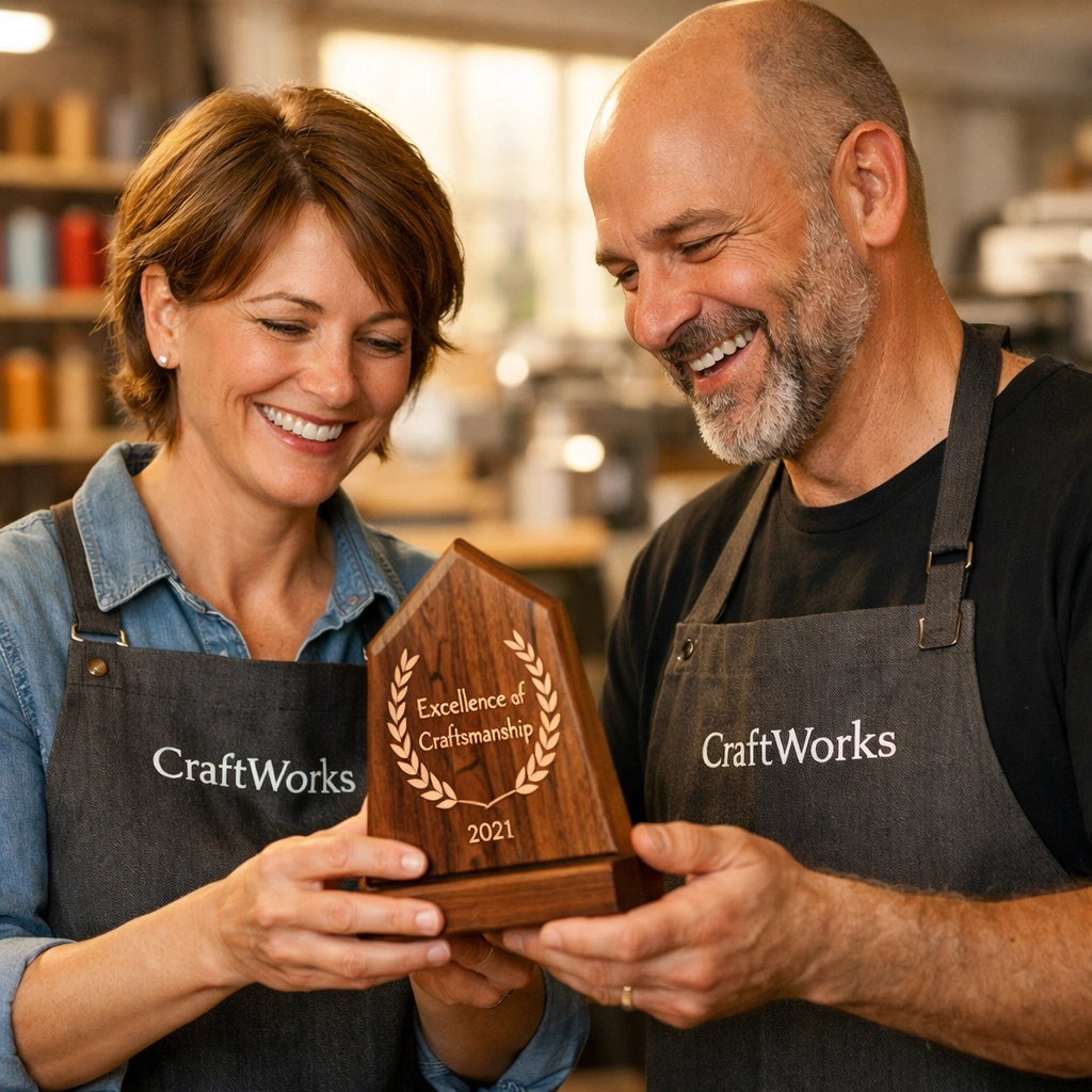 Team members in matching embroidered company aprons sharing a sense of internal brand pride and unity.