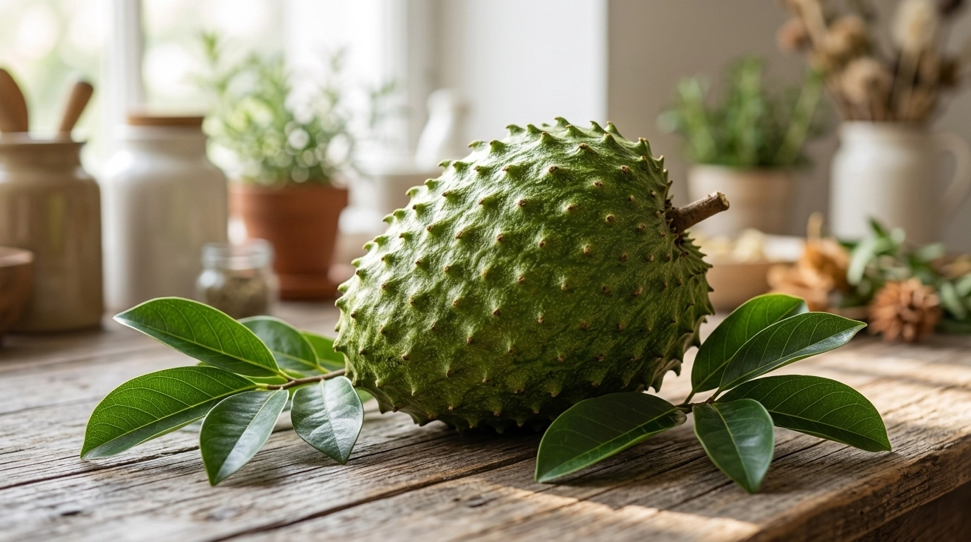 Graviola fruit and leaves