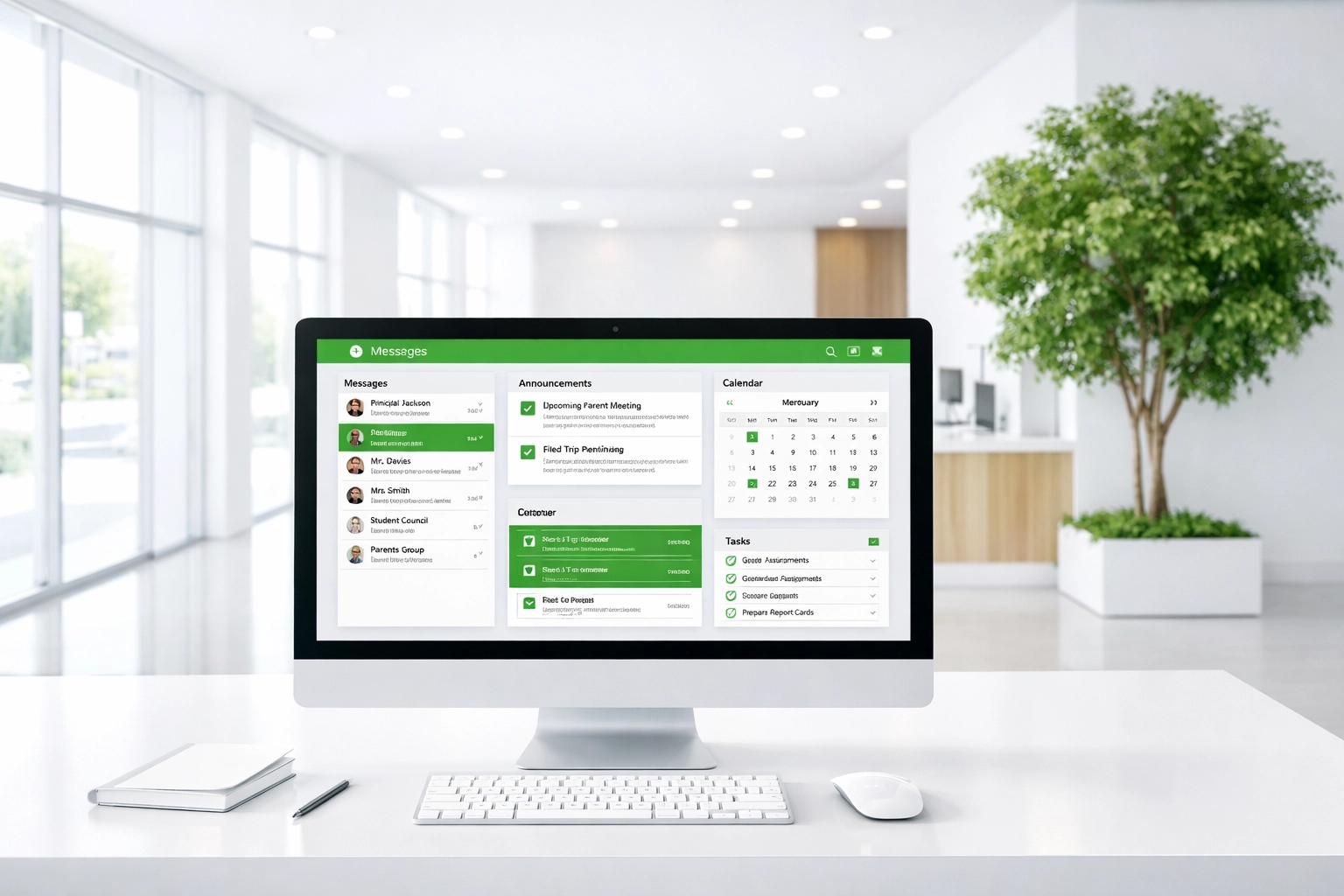 Clean school office with a unified communication dashboard for streamlined administrative management.