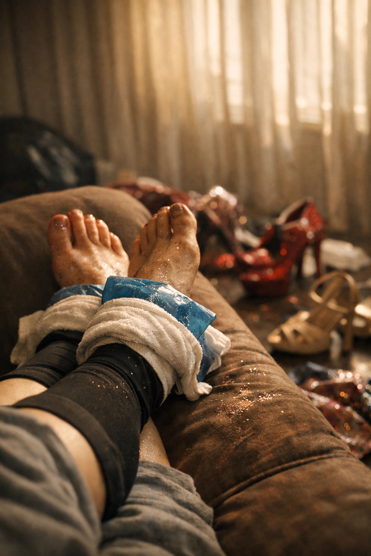 Tired performer's legs with ice packs recovering from drag show physical toll