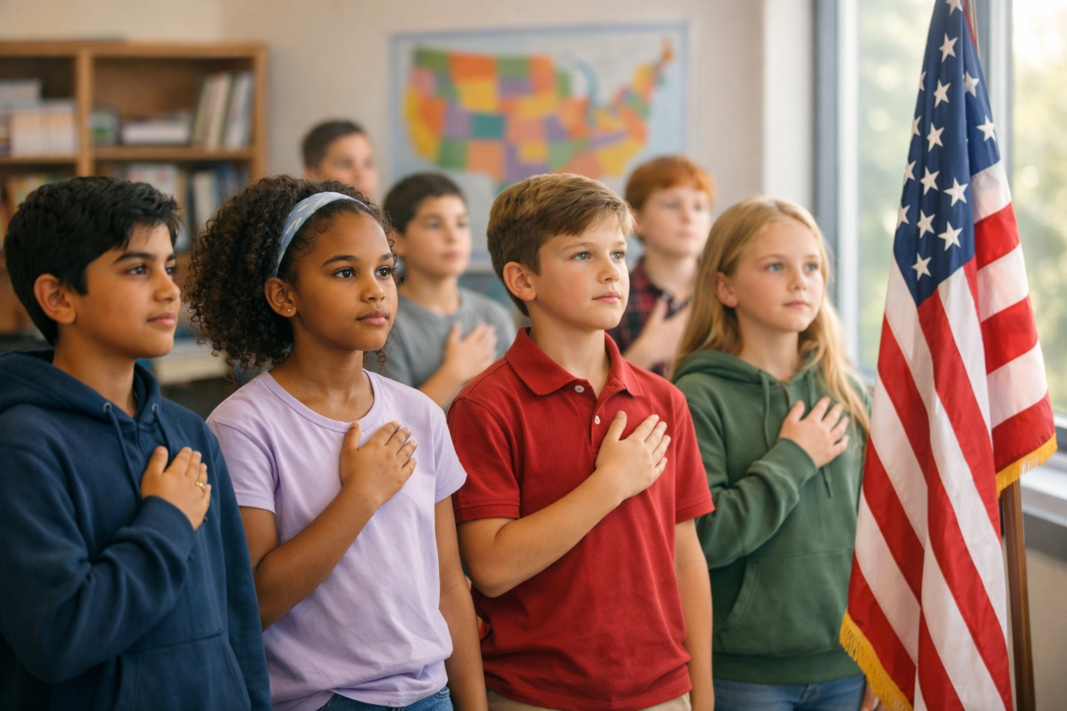 Middle school students recite the Pledge of Allegiance during a civic education lesson in a bright classroom.