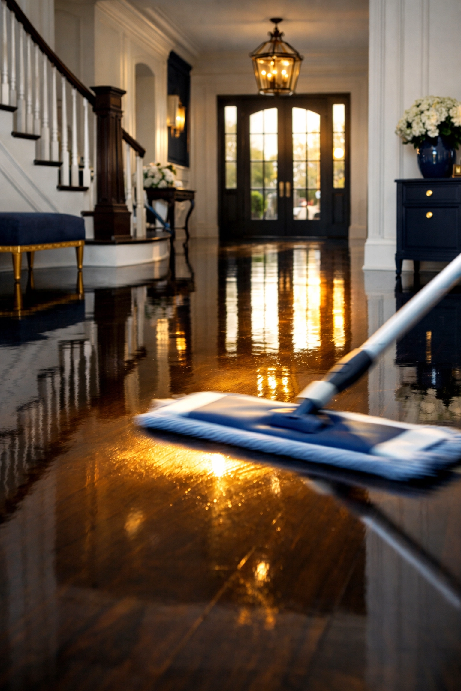 Shiny polished hardwood foyer in Foxborough reflecting high-quality residential cleaning expertise.