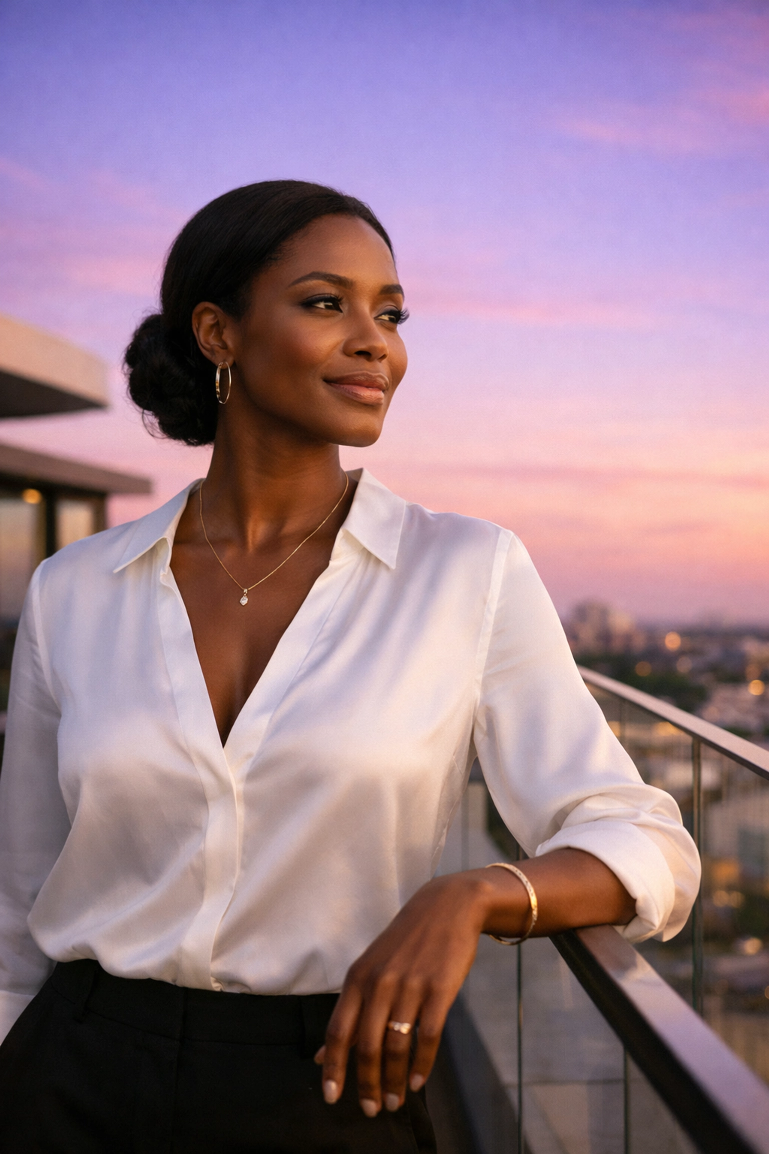Confident Black woman standing on a rooftop, representing a breakthrough in overcoming imposter syndrome.