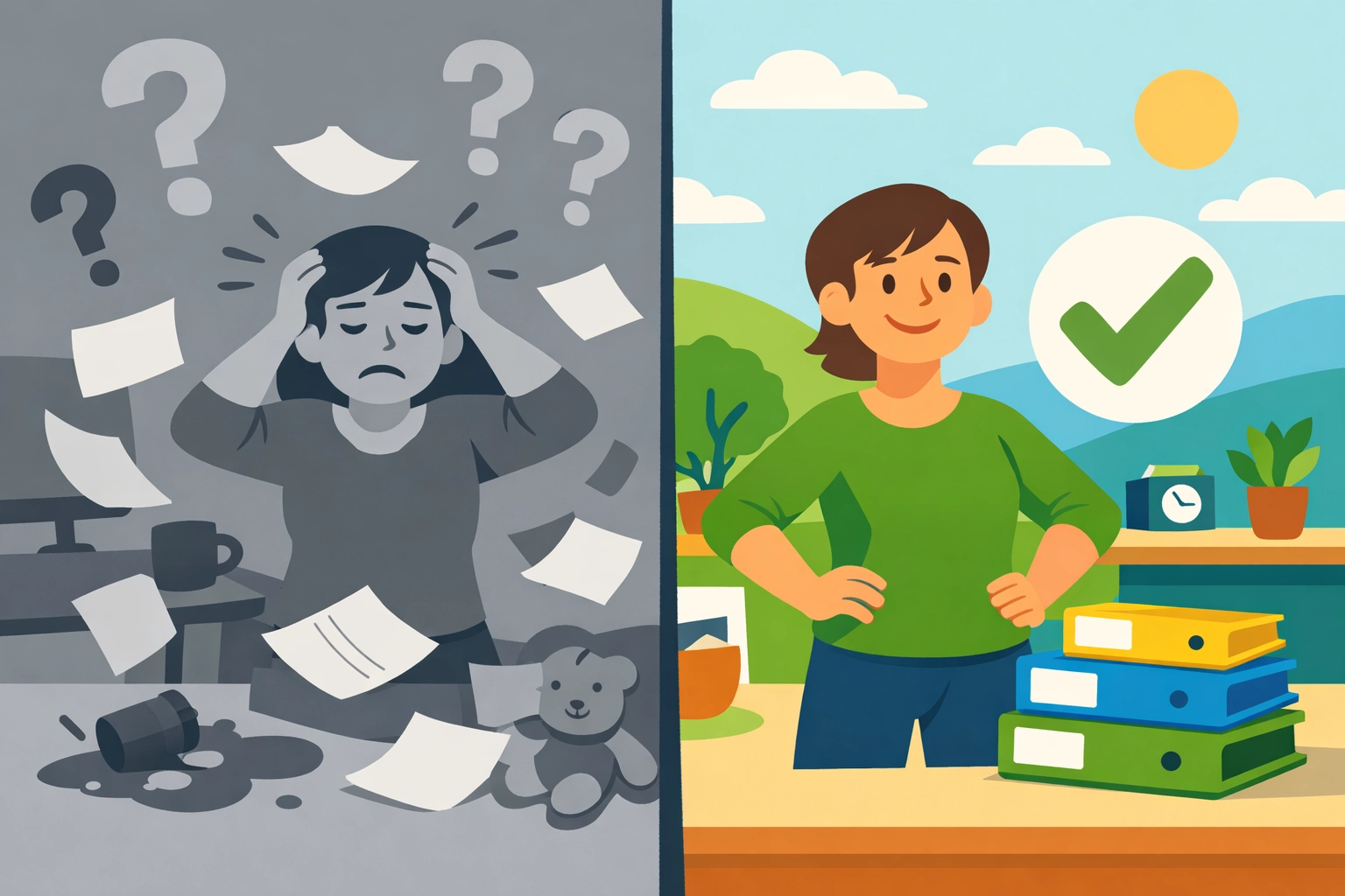 Contrast showing unprepared parent versus organized estate planning preparation