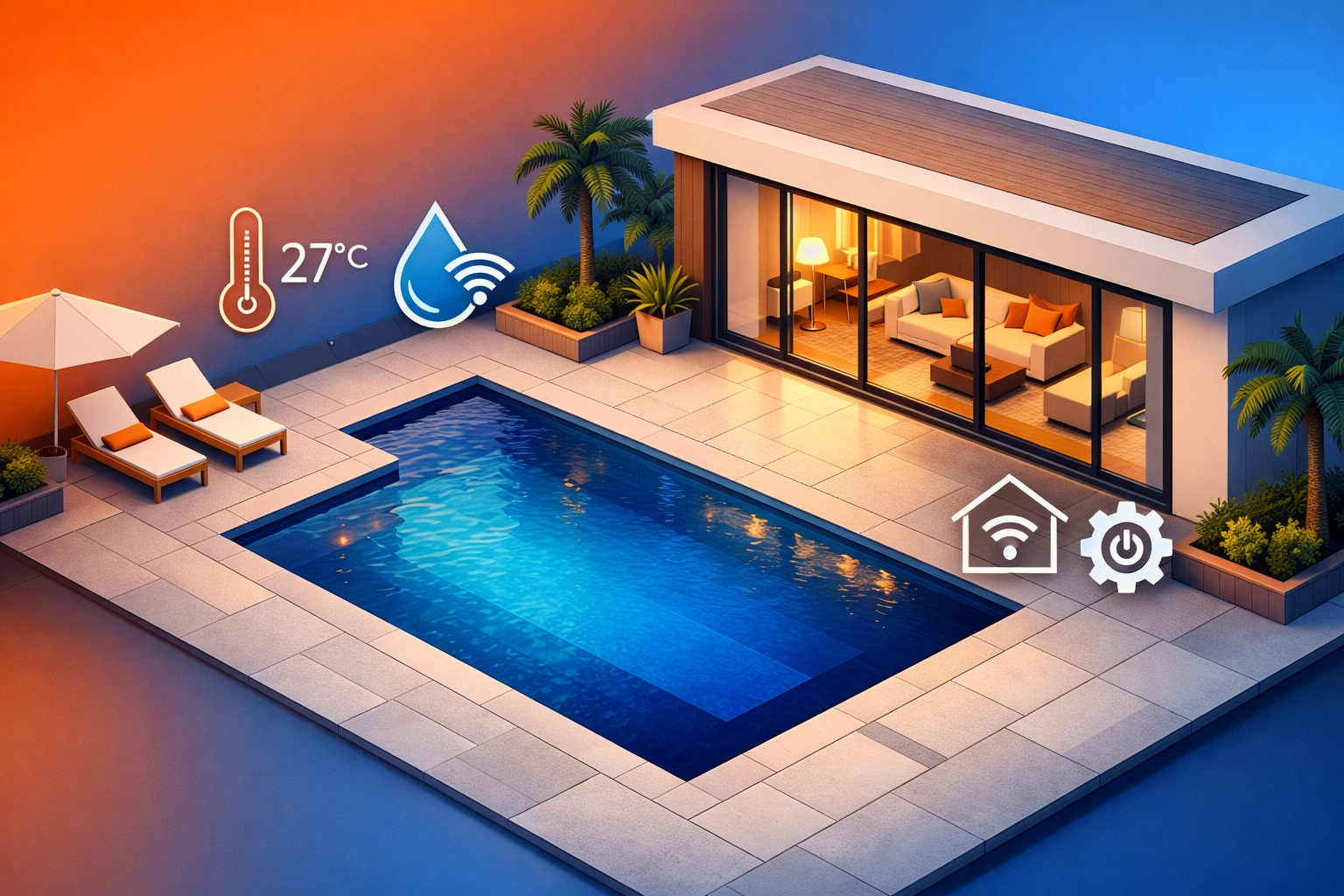 Modern swimming pool installation in Surrey with stone patio and smart home integration.