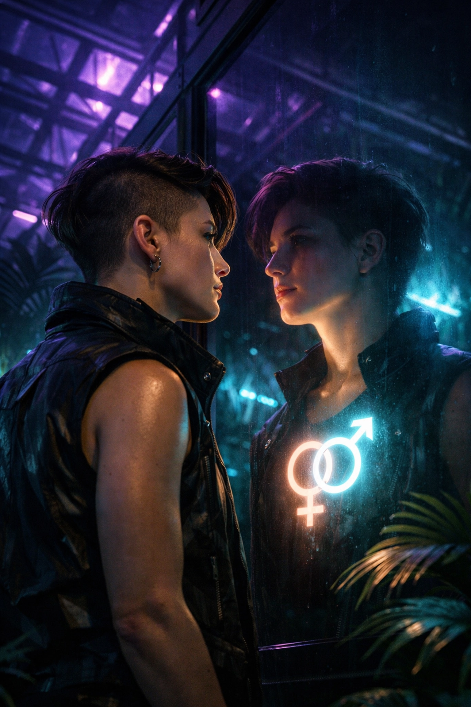 Non-binary person reflecting on their gender identity in a neon greenhouse, exploring queer philosophy and science.