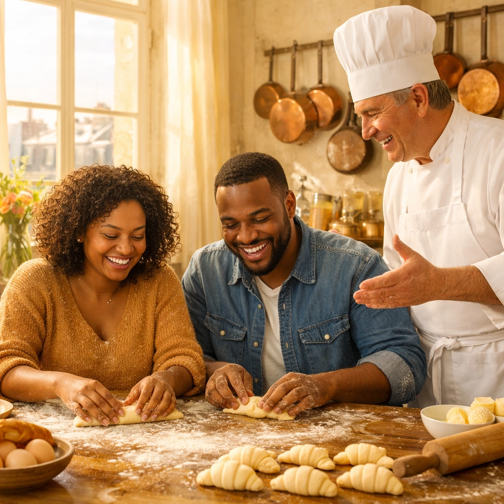 Couple learning to make croissants with French chef in Paris custom travel itinerary cooking class