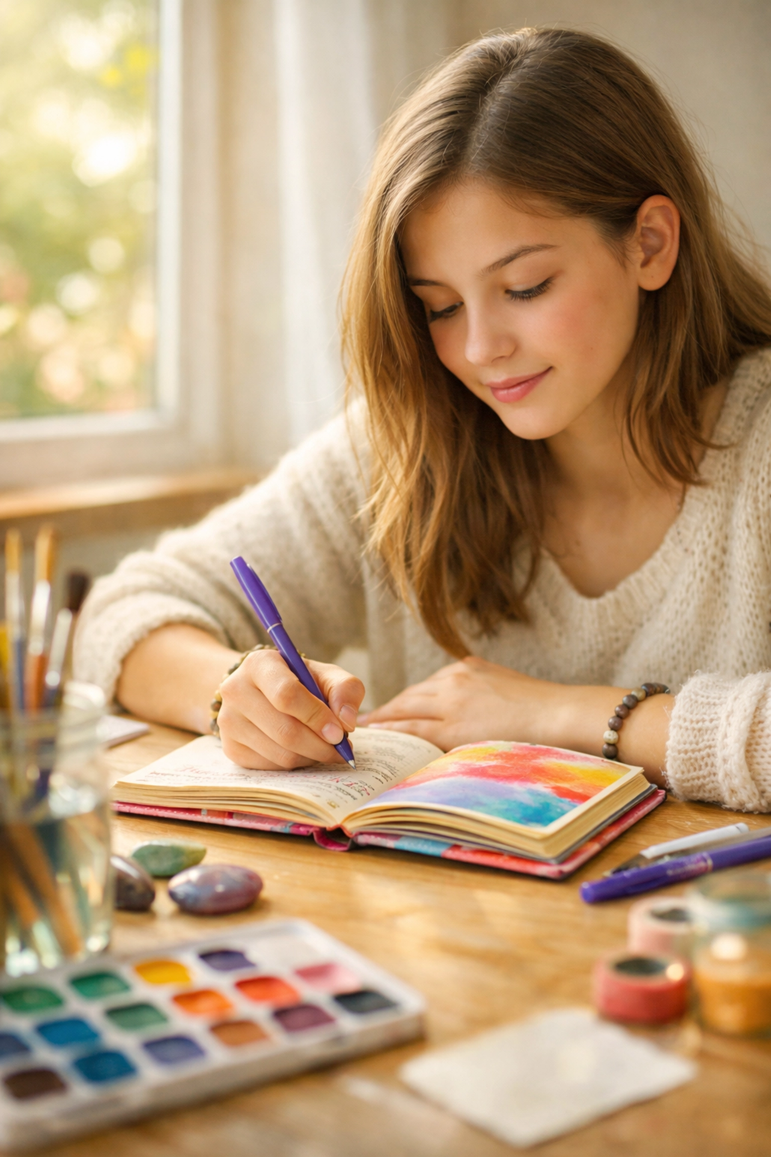 Adolescent girl journaling in a sunlit room during mental health residential treatment for depression.