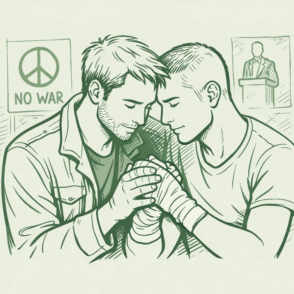MM romance illustration: two men embrace, one holding partner's injured hands in political setting