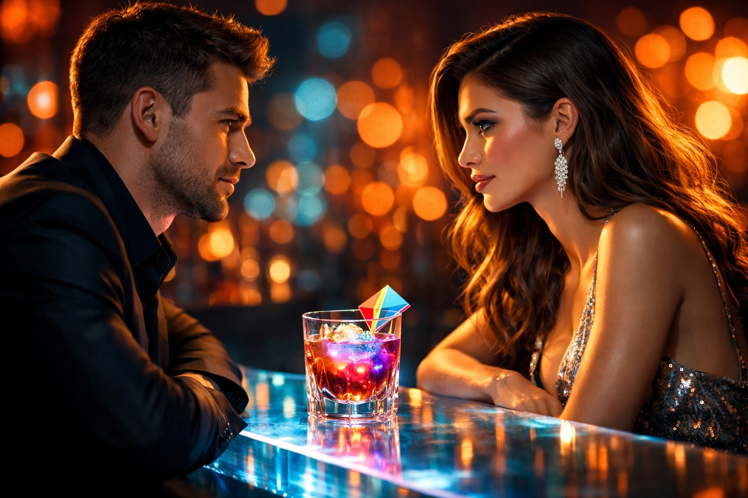 Two people making eye contact at a vibrant neon bar while discussing boundaries and mutual consent.