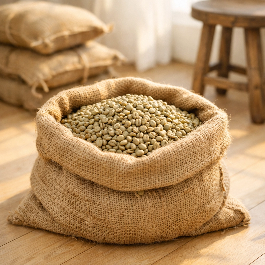 Raw green specialty coffee beans in a burlap sack, representing ethical sourcing from a wholesale supplier.