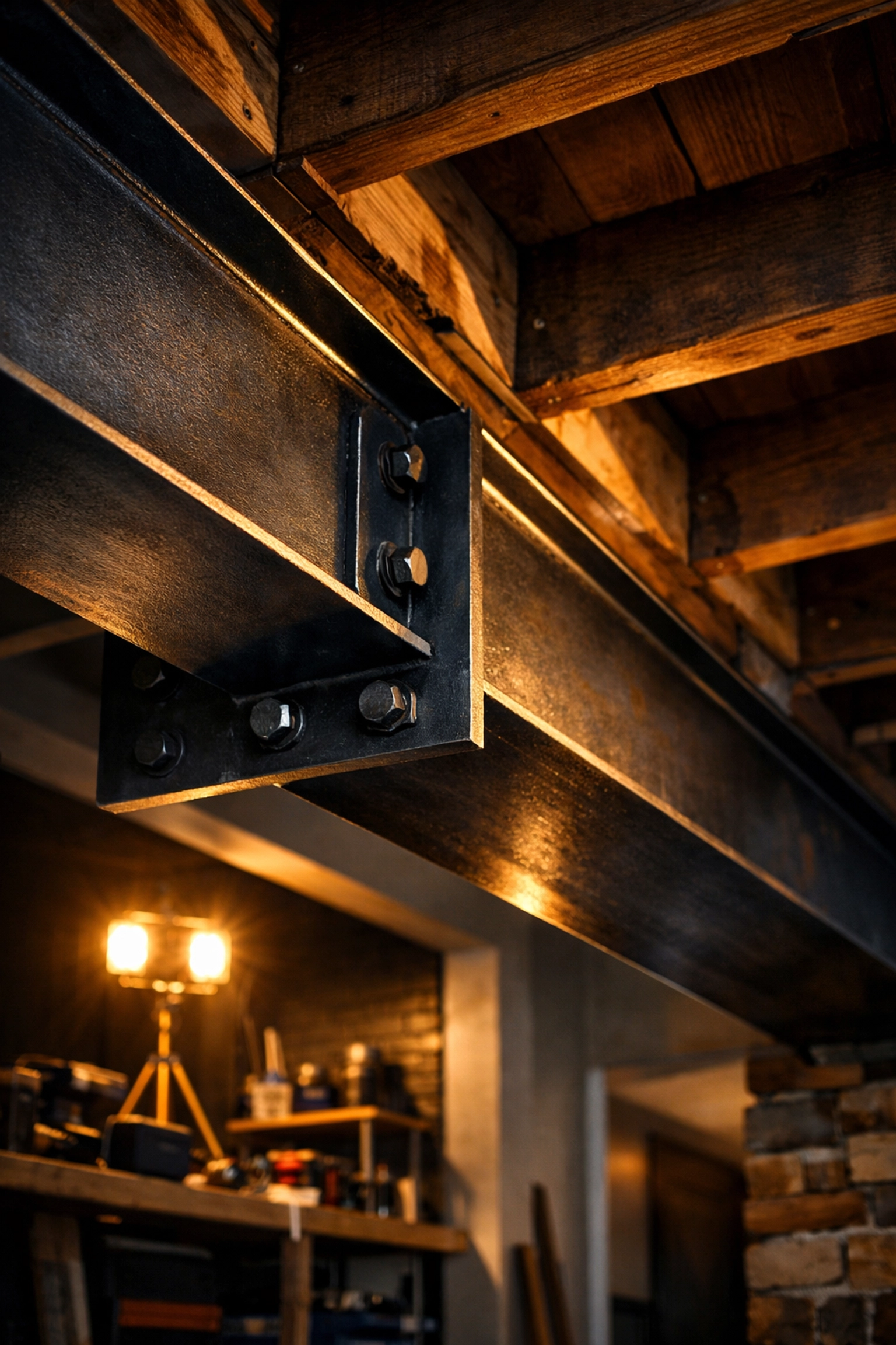 Structural steel RSJ beam installation during a home renovation project in West Sussex.