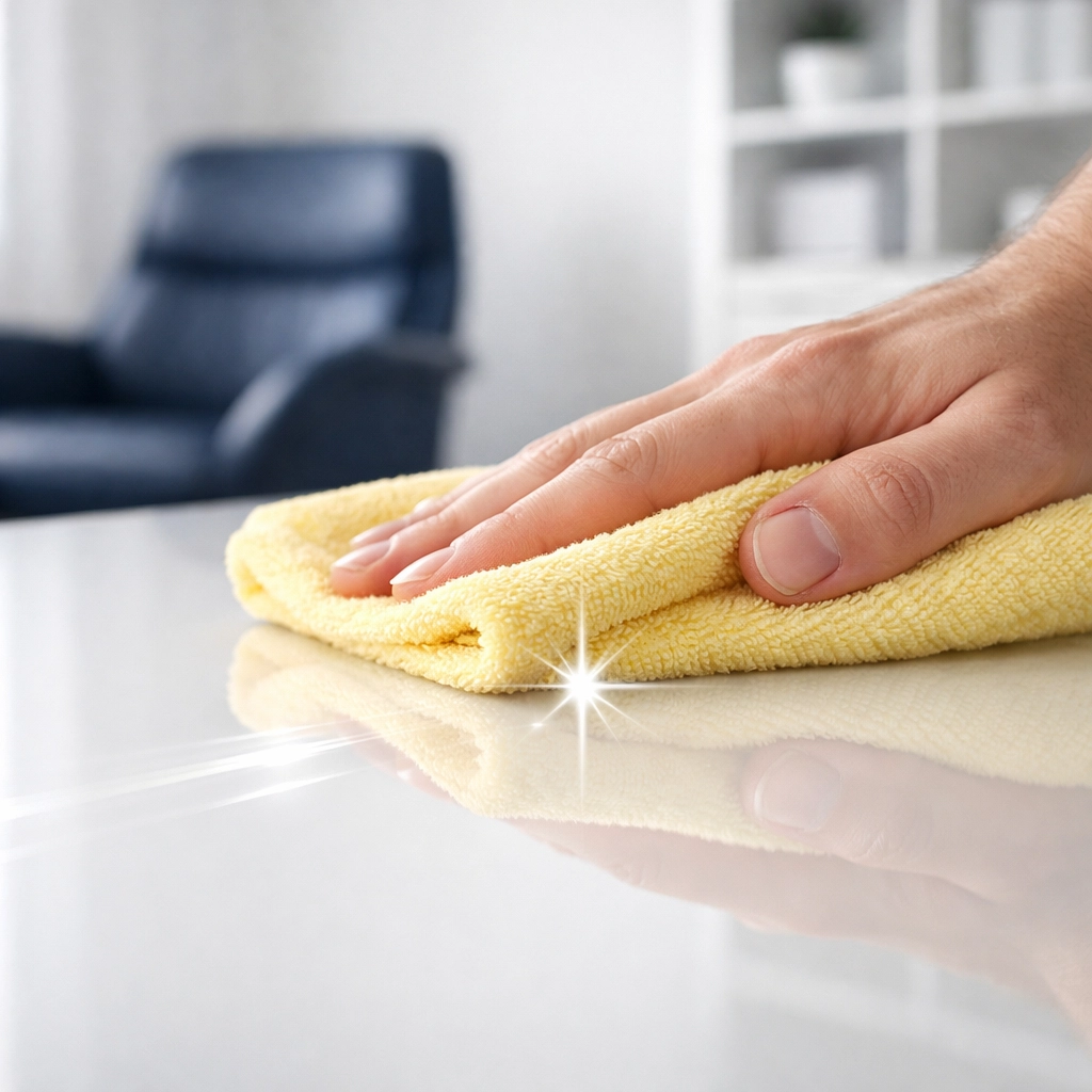 Detailed deep cleaning of a home office surface with a yellow microfiber cloth to improve focus.