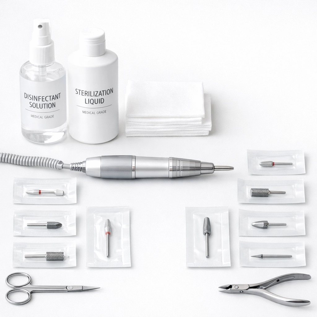 Sterilized Russian manicure tools and equipment demonstrating proper hygiene protocols