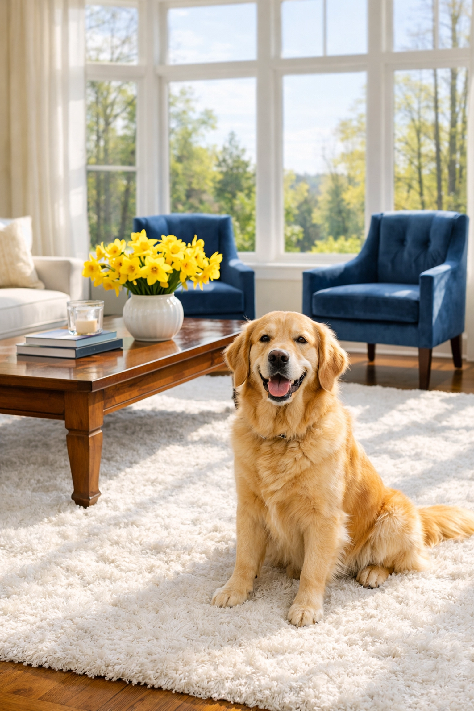Pristine Carlisle living room with a clean rug and dog, highlighting the health benefits of deep cleaning in Carlisle.