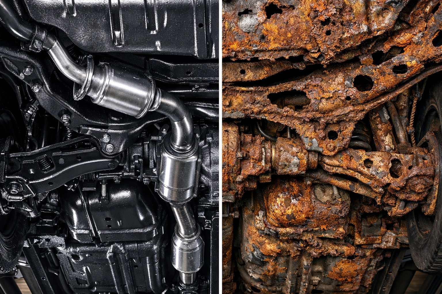 Comparison of rust-free protected undercarriage versus severely corroded vehicle underside