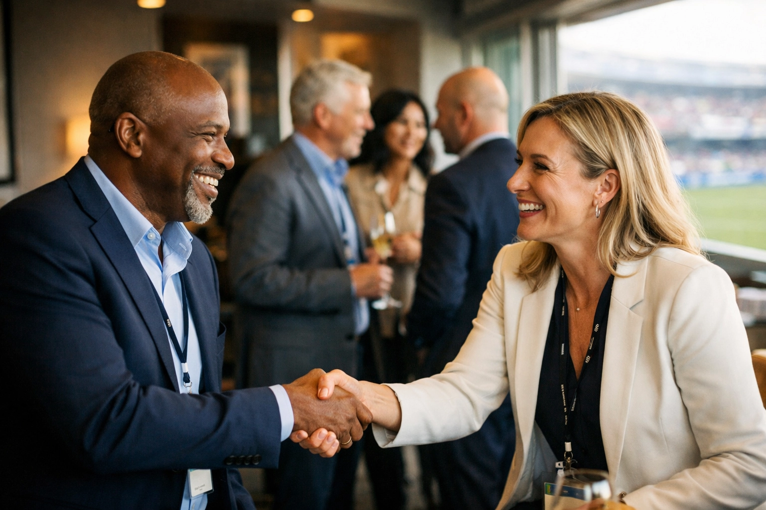 VIP Executive Hosting at the Super Bowl: How to Transform Brand Presence Into Revenue in 48 Hours Business executives shaking hands and networking at VIP Super Bowl hospitality event
