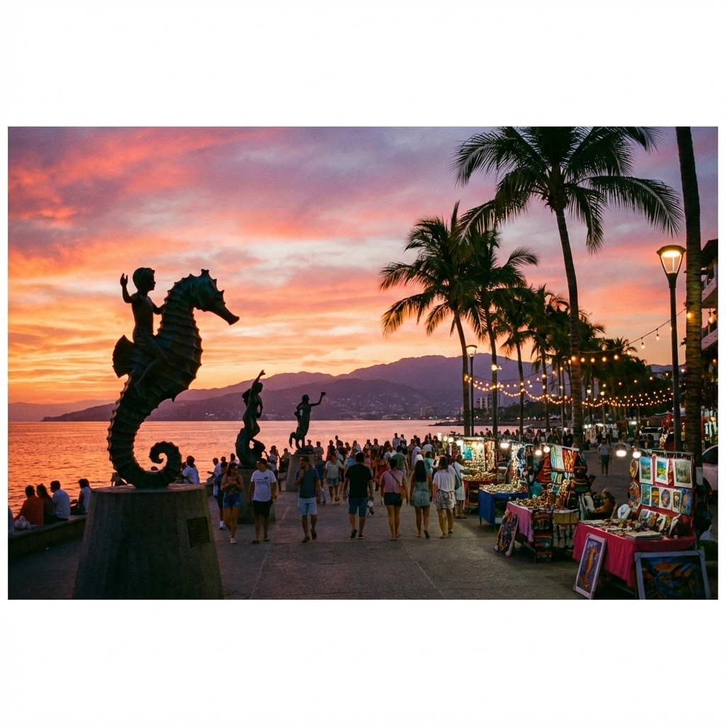 Puerto Vallarta Malecón boardwalk at sunset with sculptures, palm trees, and vibrant local culture