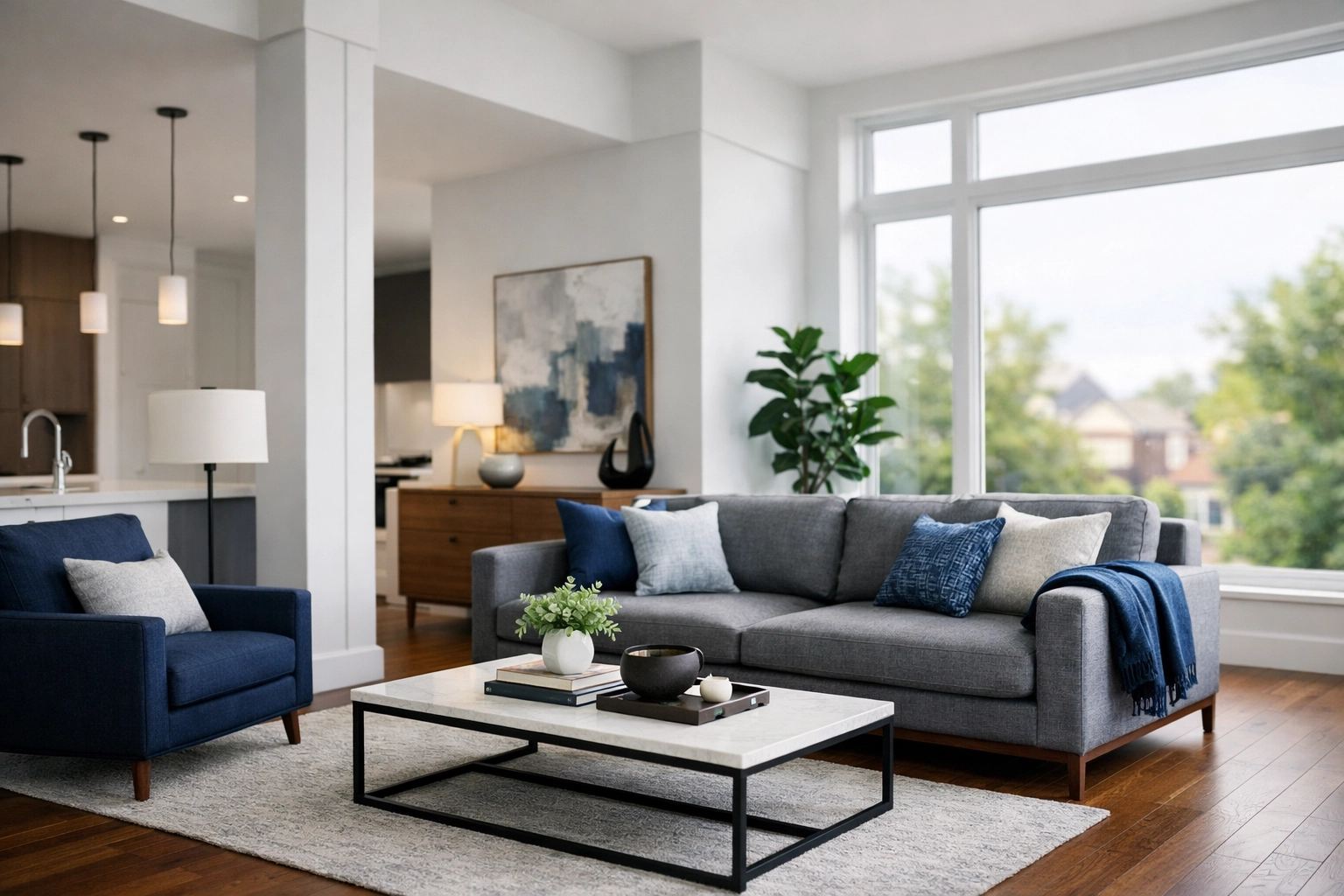 Modern open-concept living room in an Ontario townhouse, ideal for first-time home buyers in the GTA.