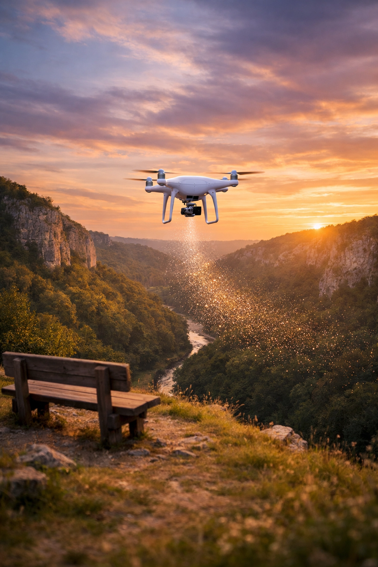 Professional drone performing a cremation ashes scattering service over a scenic UK gorge at sunset.