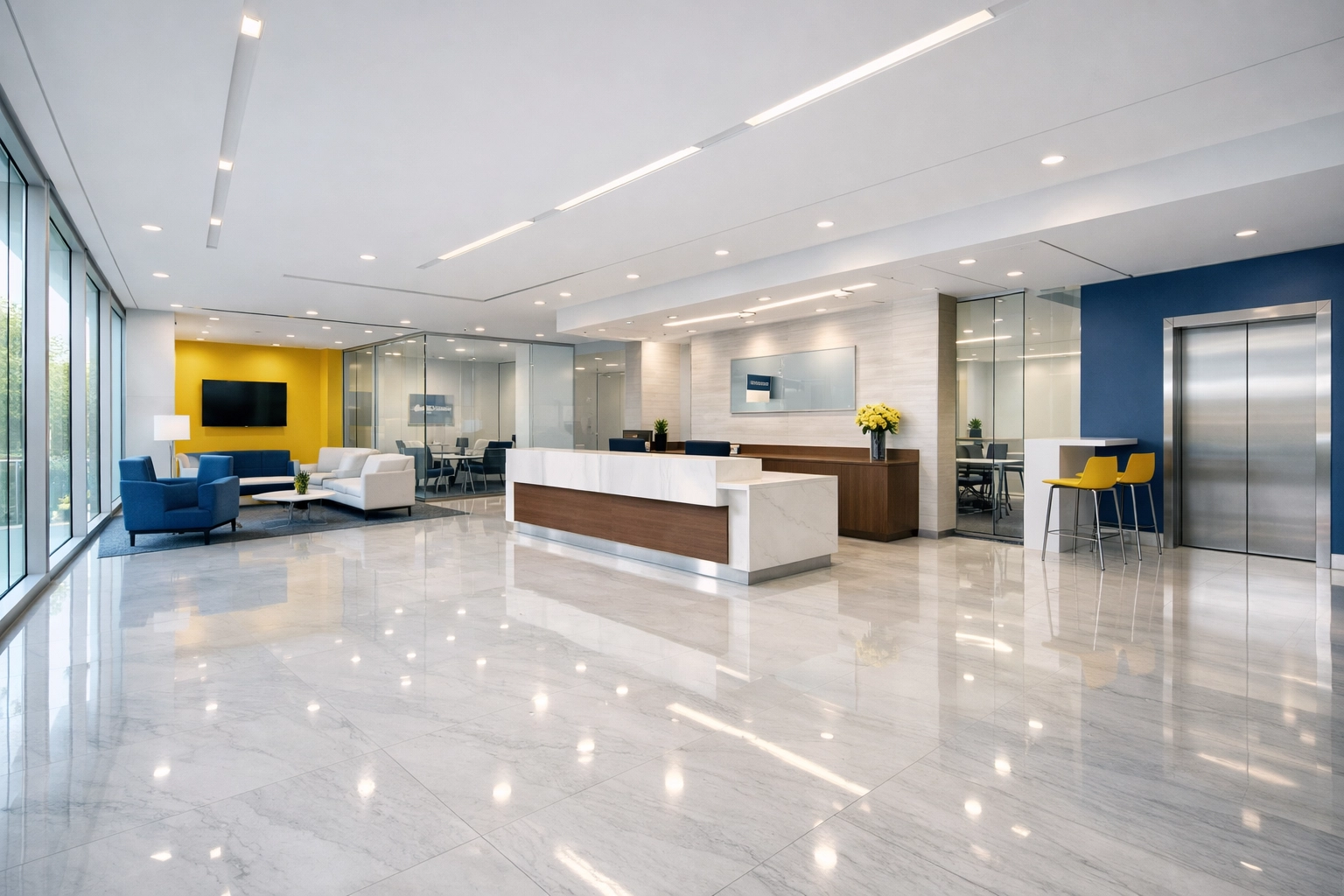 A spotless modern corporate lobby in Beverly, MA, showcasing professional commercial cleaning and polished marble floors.