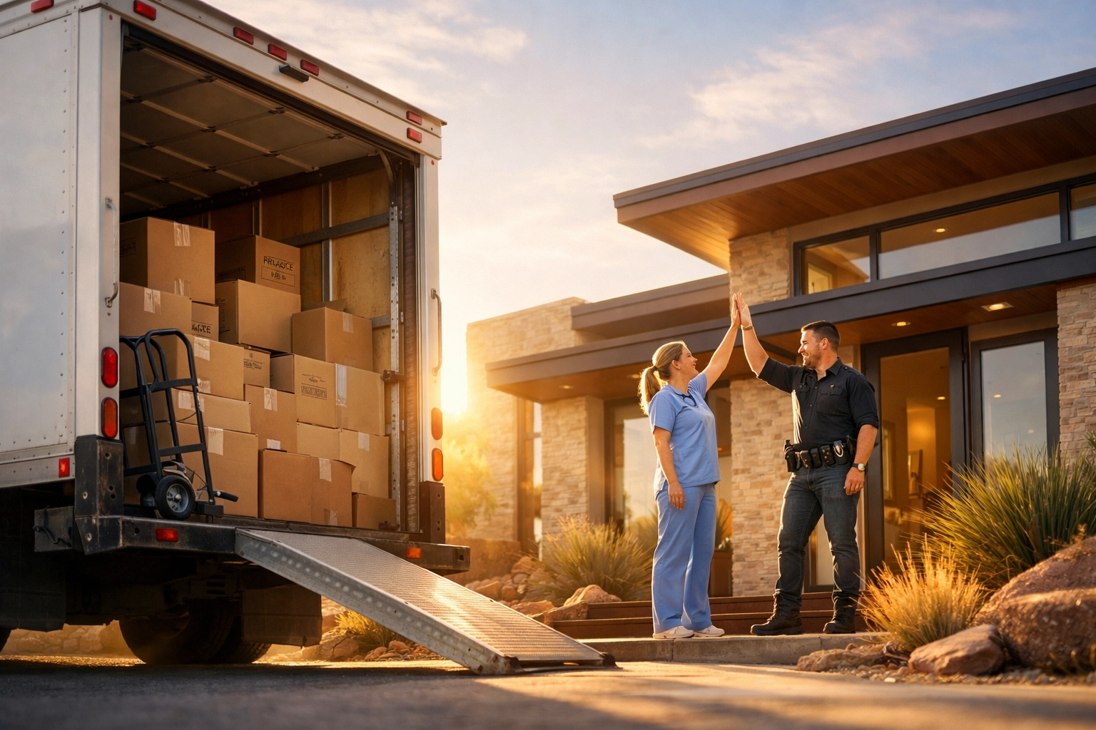 Nurse and police officer high-fiving in front of a new home and a moving truck in Phoenix.