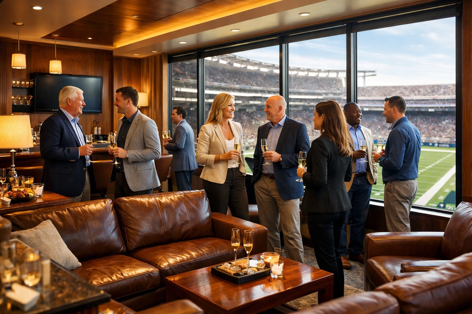 Executives networking in luxury Super Bowl suite with football field views