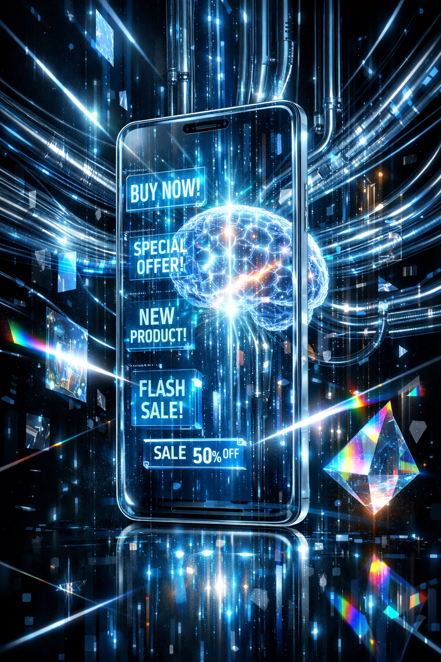 Digital smartphone displaying competitor advertising data streams for Meta Ad Library analysis