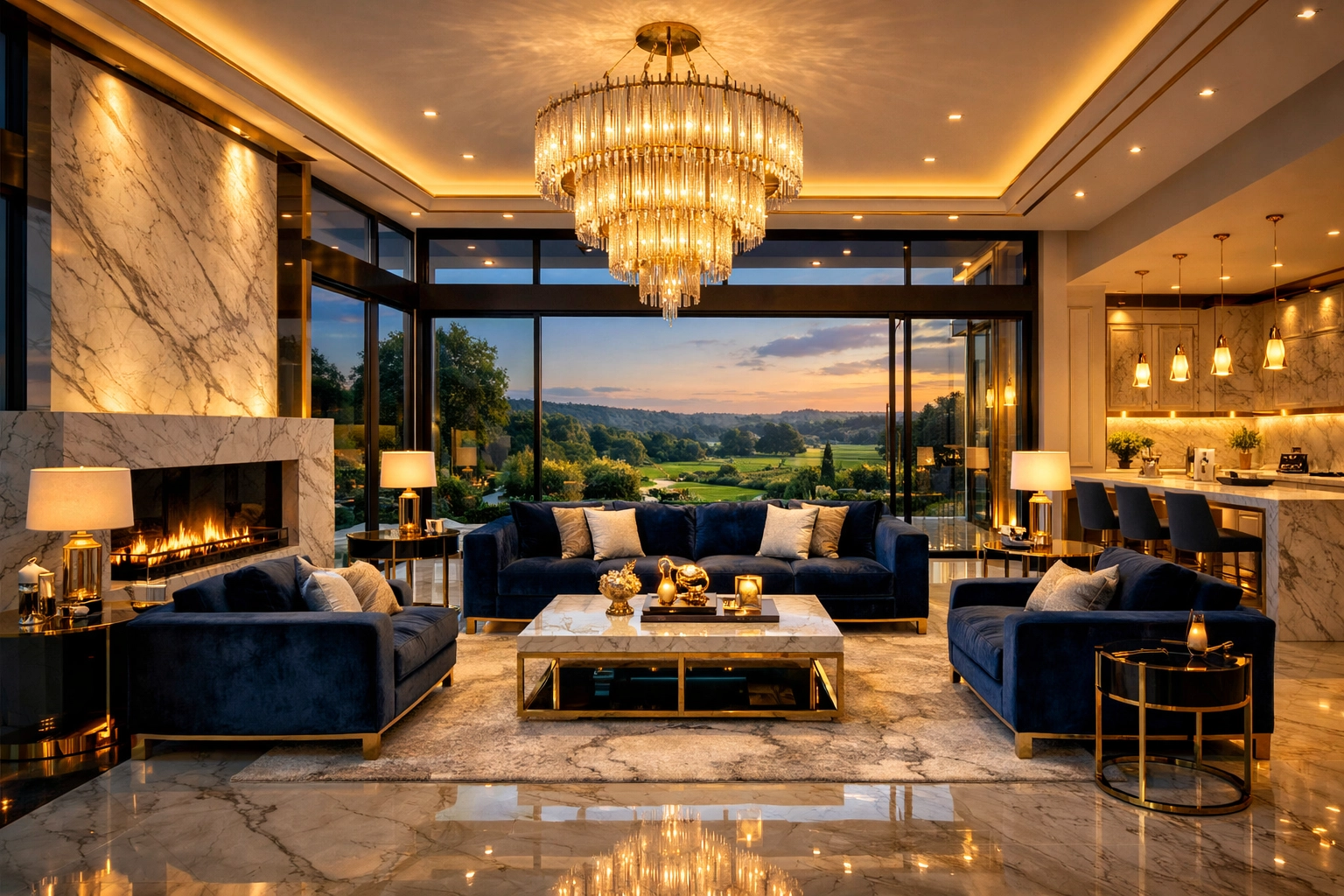 Gleaming Great Room floors in a luxury home with top-tier residential cleaning Massachusetts care.