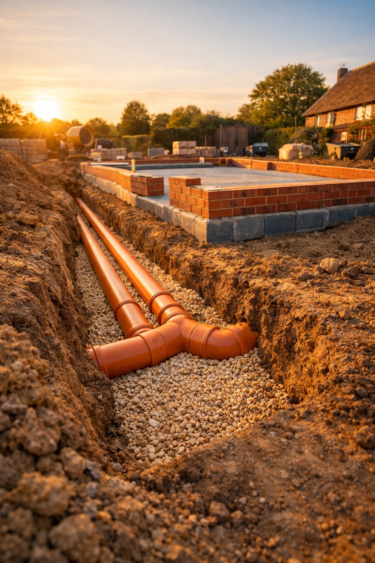 New drainage pipes laid in a professional excavation trench for a West Sussex house extension project.