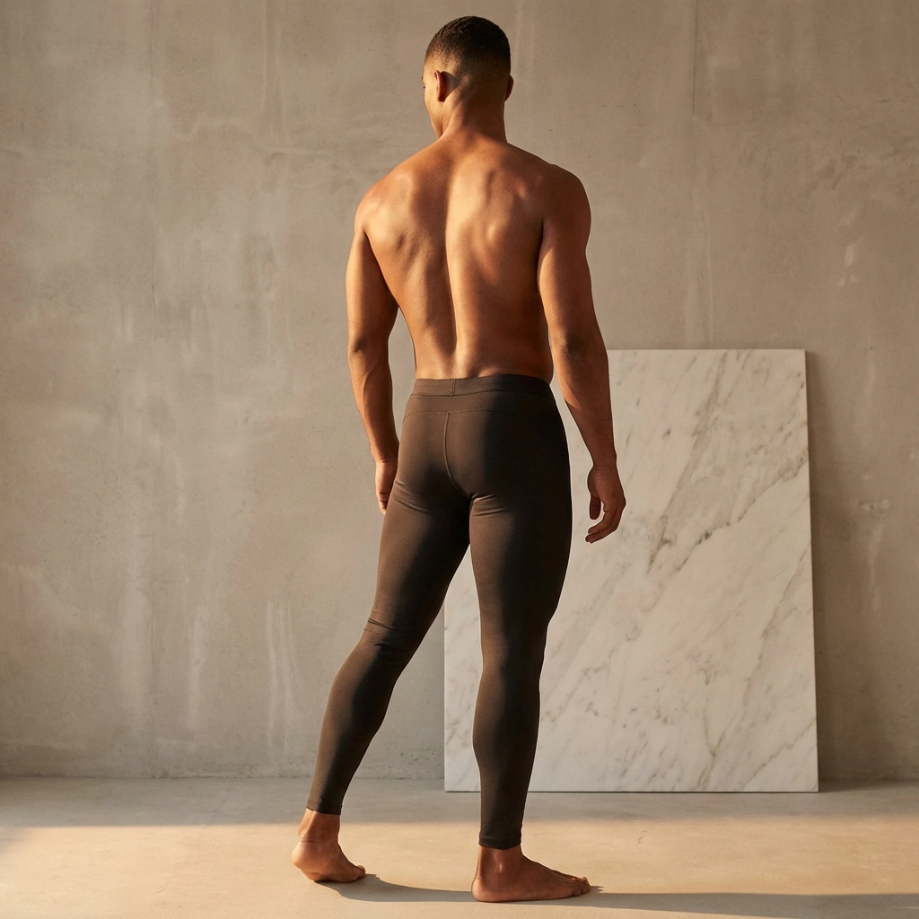 Rear view of a muscular man in a contrapposto pose highlighting defined glutes.