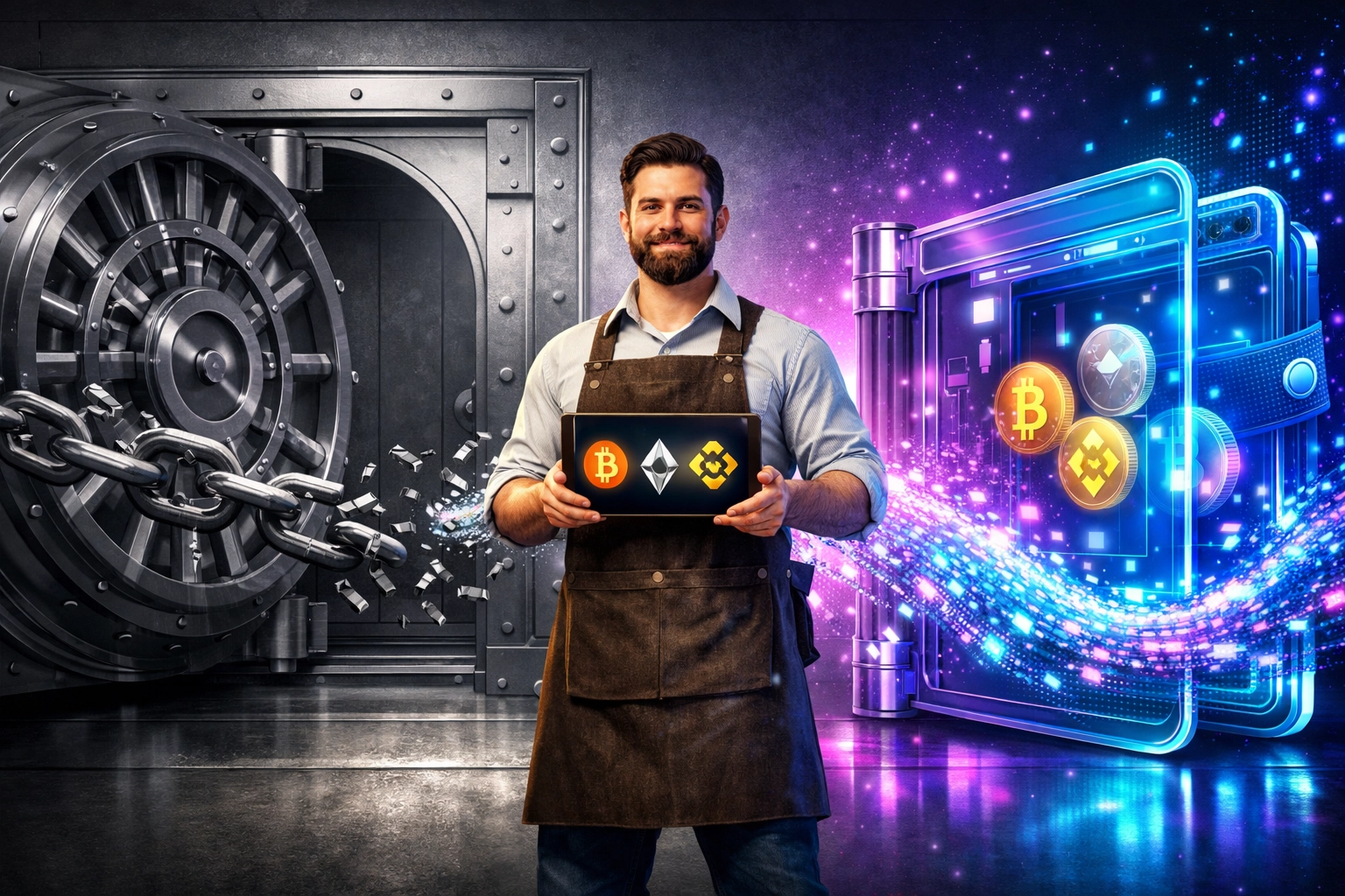 Self-custody crypto wallet versus traditional bank vault showing merchant payment freedom