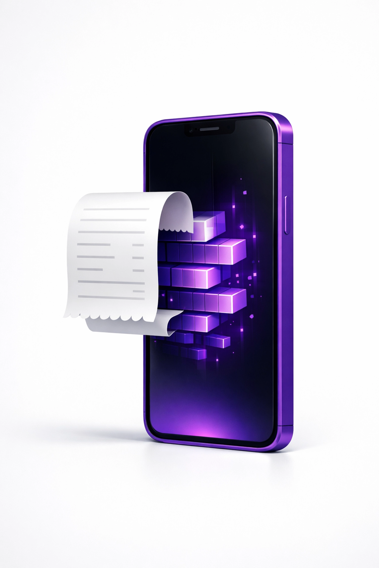 A purple smartphone scanning a paper receipt and converting it into digital bookkeeping data for expense tracking.