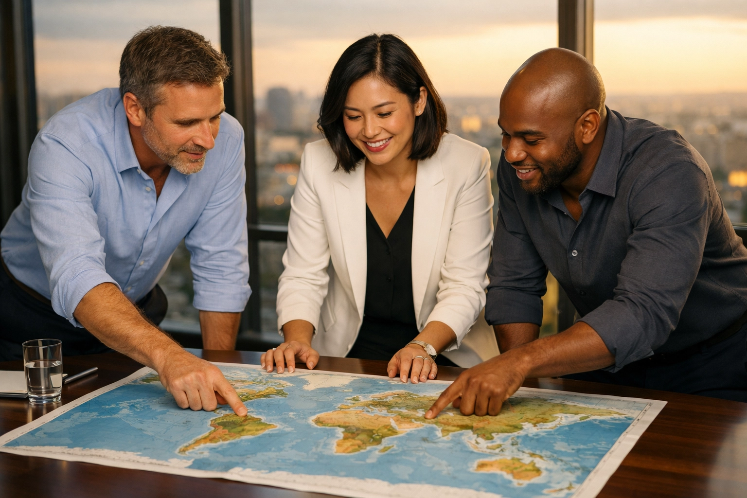Dakdan Worldwide strategists analyzing a world map for international brand expansion and consulting.