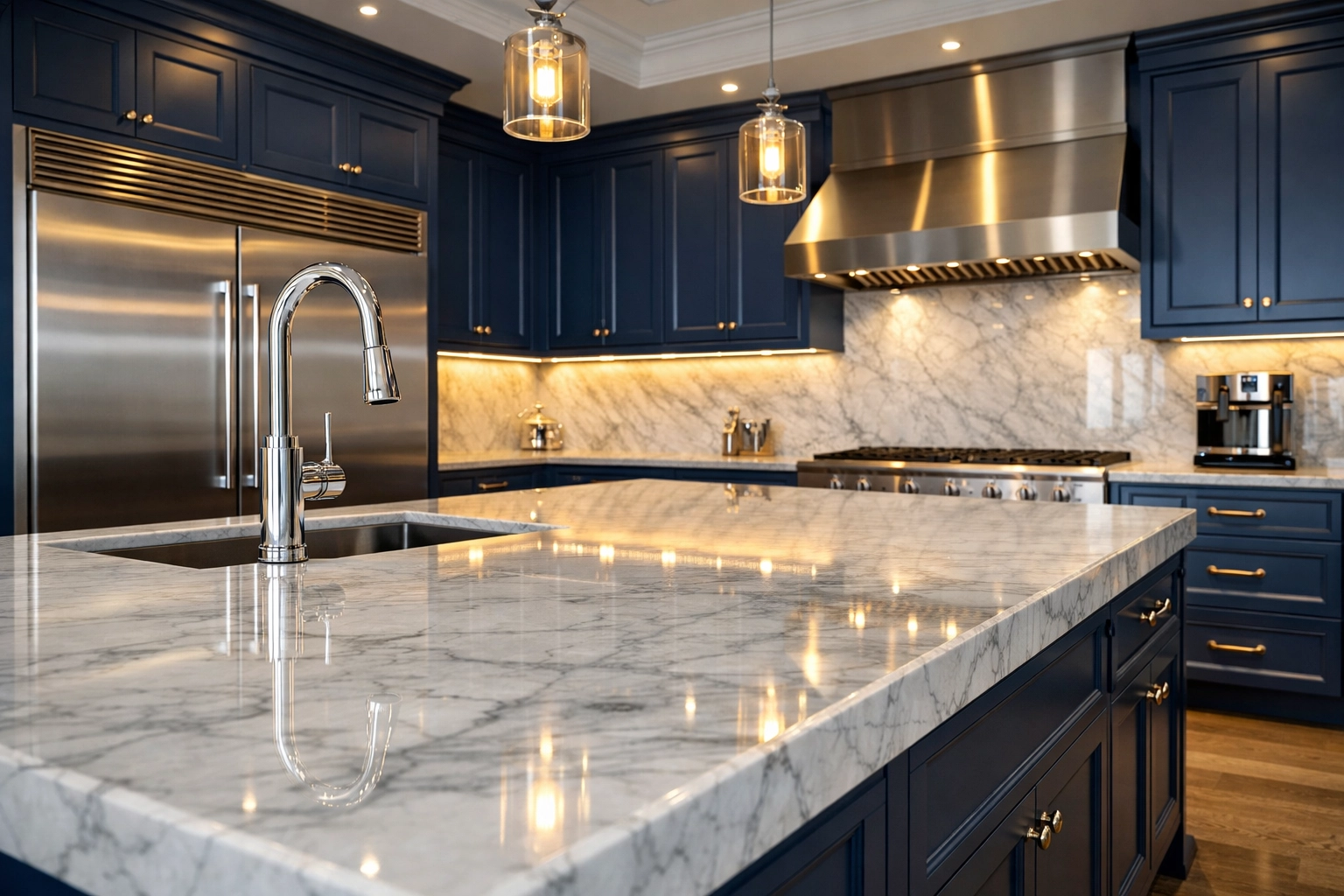 High-end kitchen after a detailed cleaning, with polished stone and spotless custom cabinetry.
