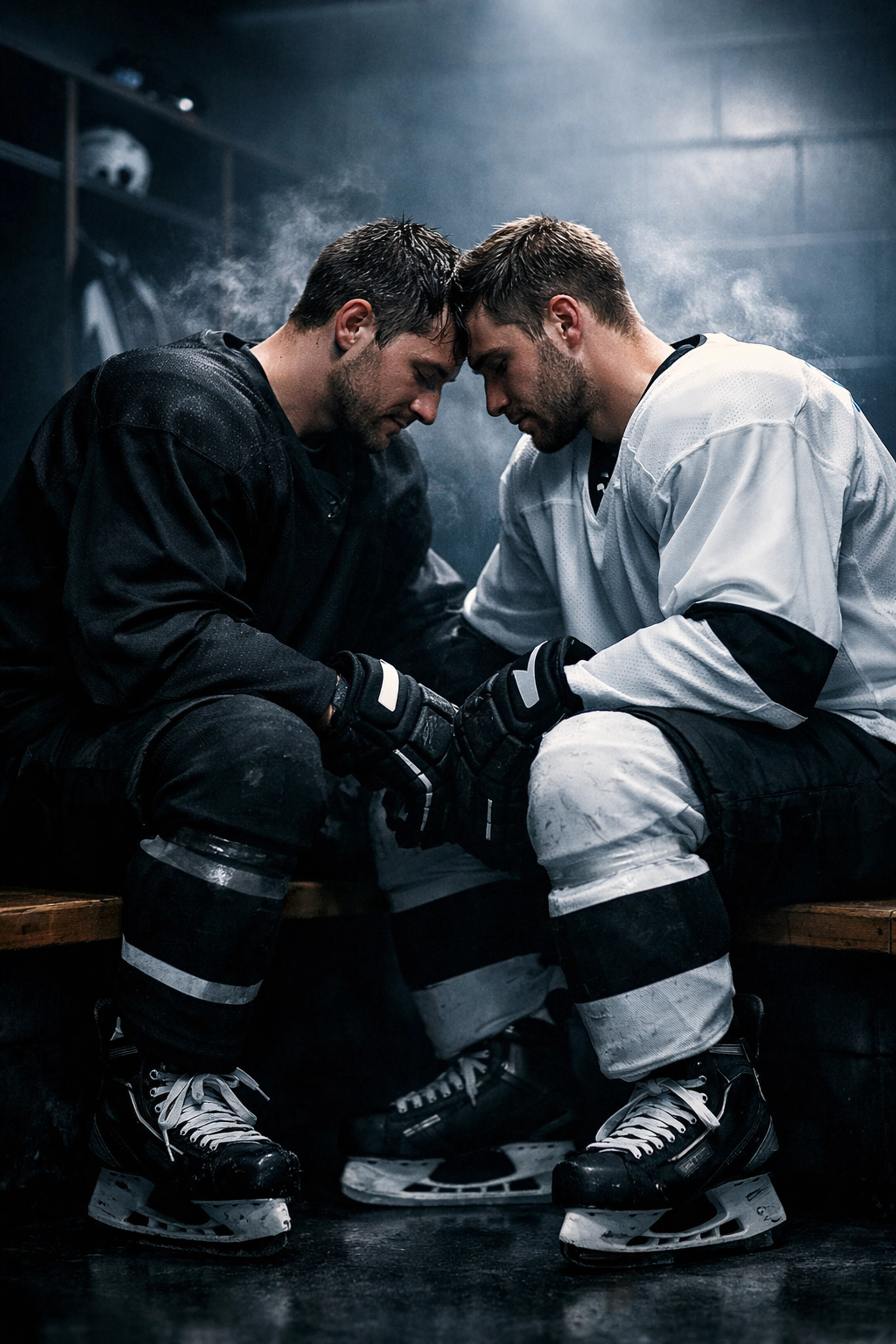 Two hockey players in a locker room sharing a vulnerable moment, reflecting the deep bond in MM sports romance novels.