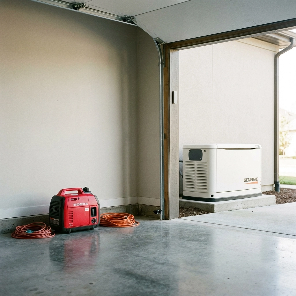 Portable and standby generators side by side in a Maine garage, highlighting home generator options for reliable backup