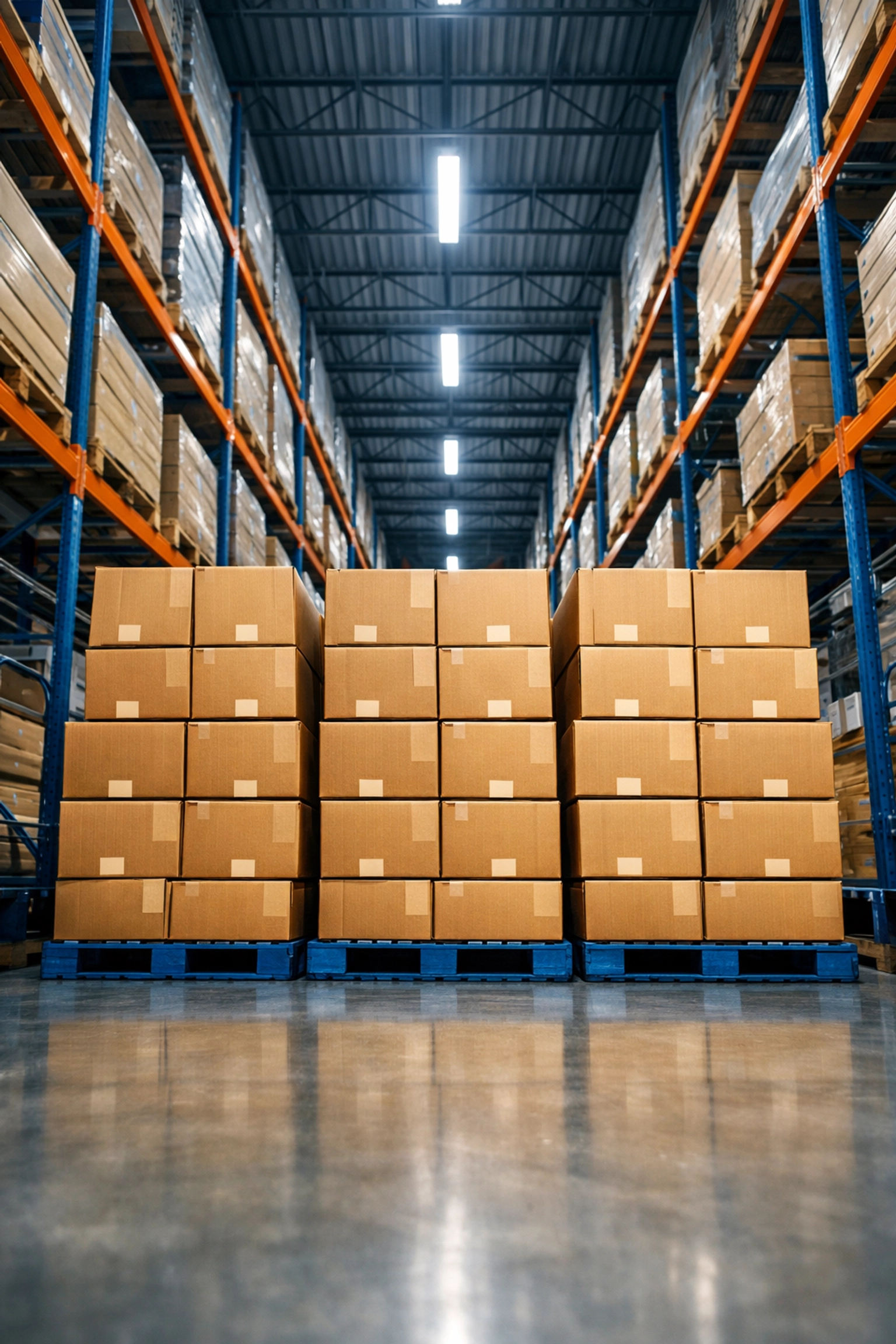 Scalable inventory staging with pallets and shipping boxes in a high-velocity fulfillment zone.