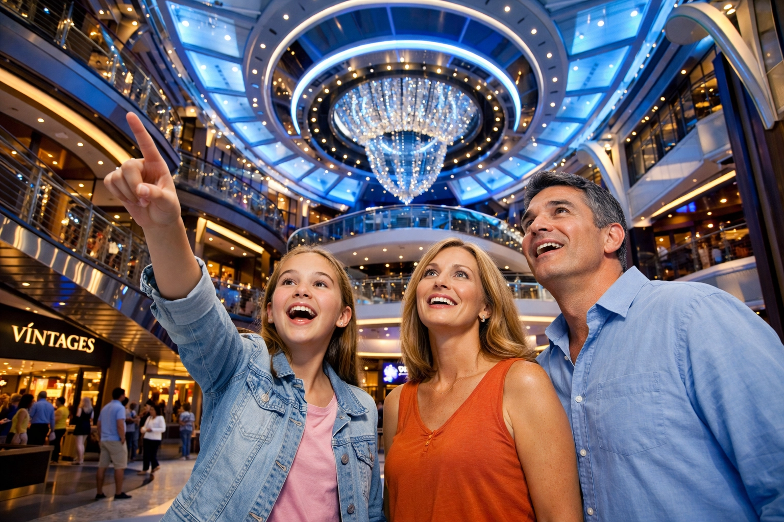 Family exploring Royal Caribbean cruise ship entertainment promenade