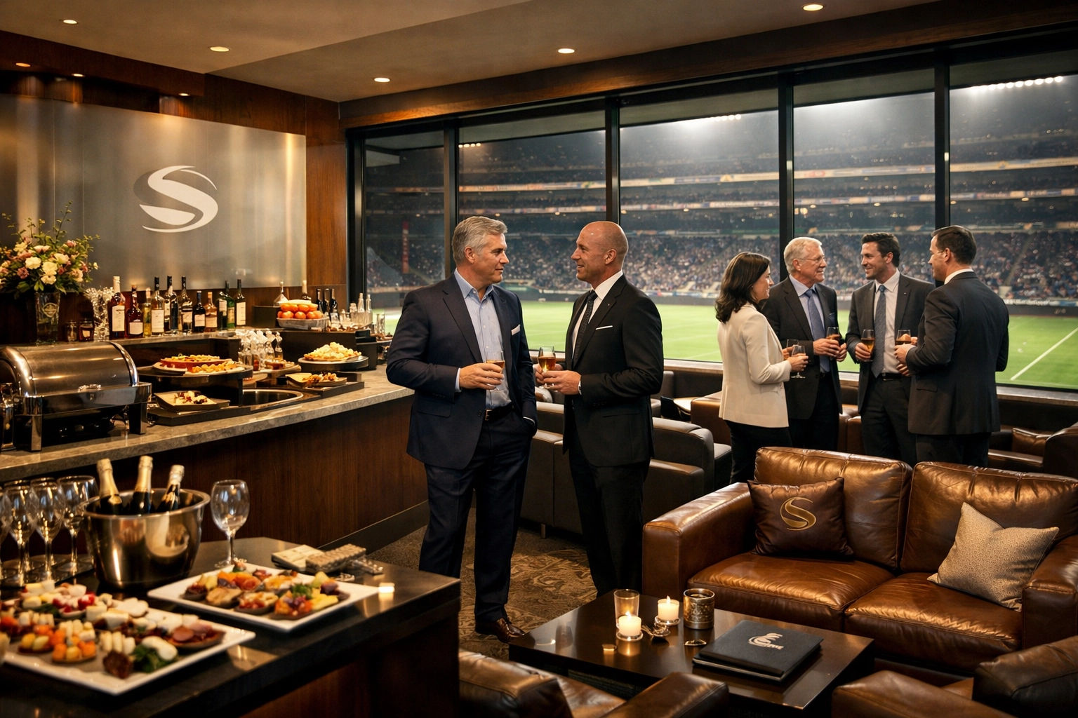 Premium corporate hospitality suite at stadium for Super Bowl VIP client entertainment and networking