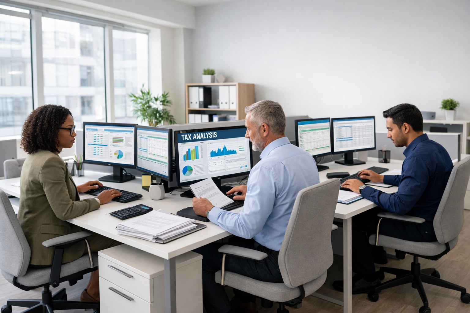 Tax professionals collaborating in modern office to scale ERO service capacity