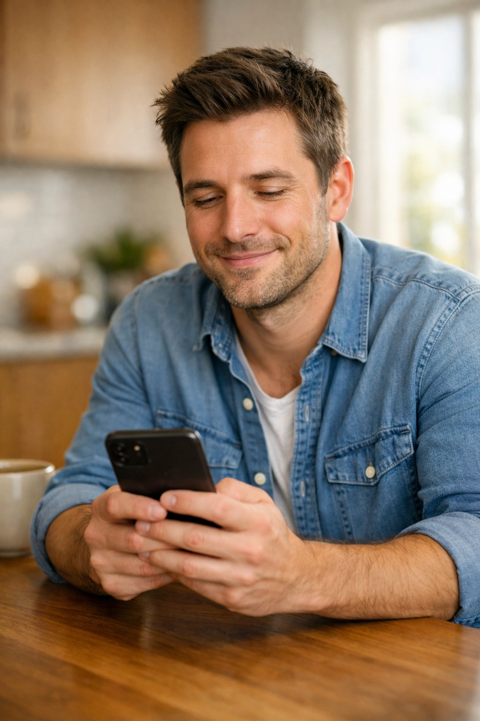 Relieved individual applying for a no credit check loan canada on a smartphone at home.