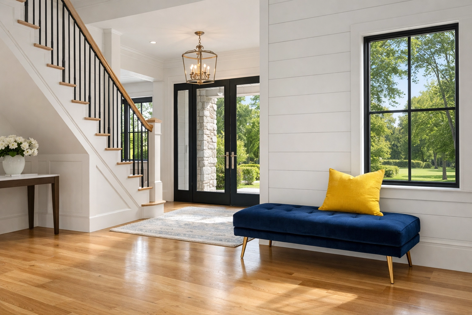 Pristine entryway of a Sudbury estate with polished hardwood floors after a professional luxury cleaning.