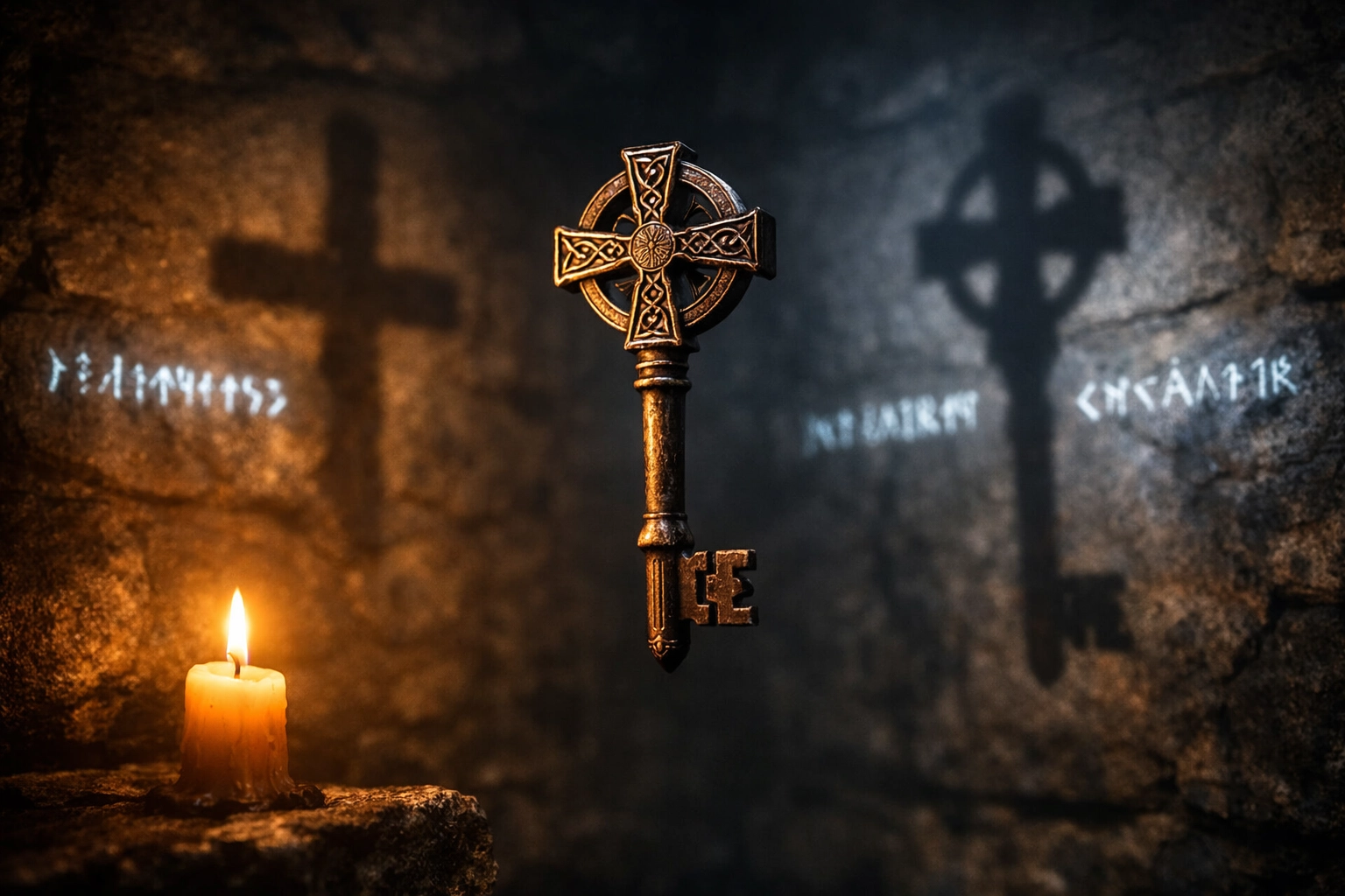 Iron key with Celtic cross design floating in underground chamber illuminated by candlelight