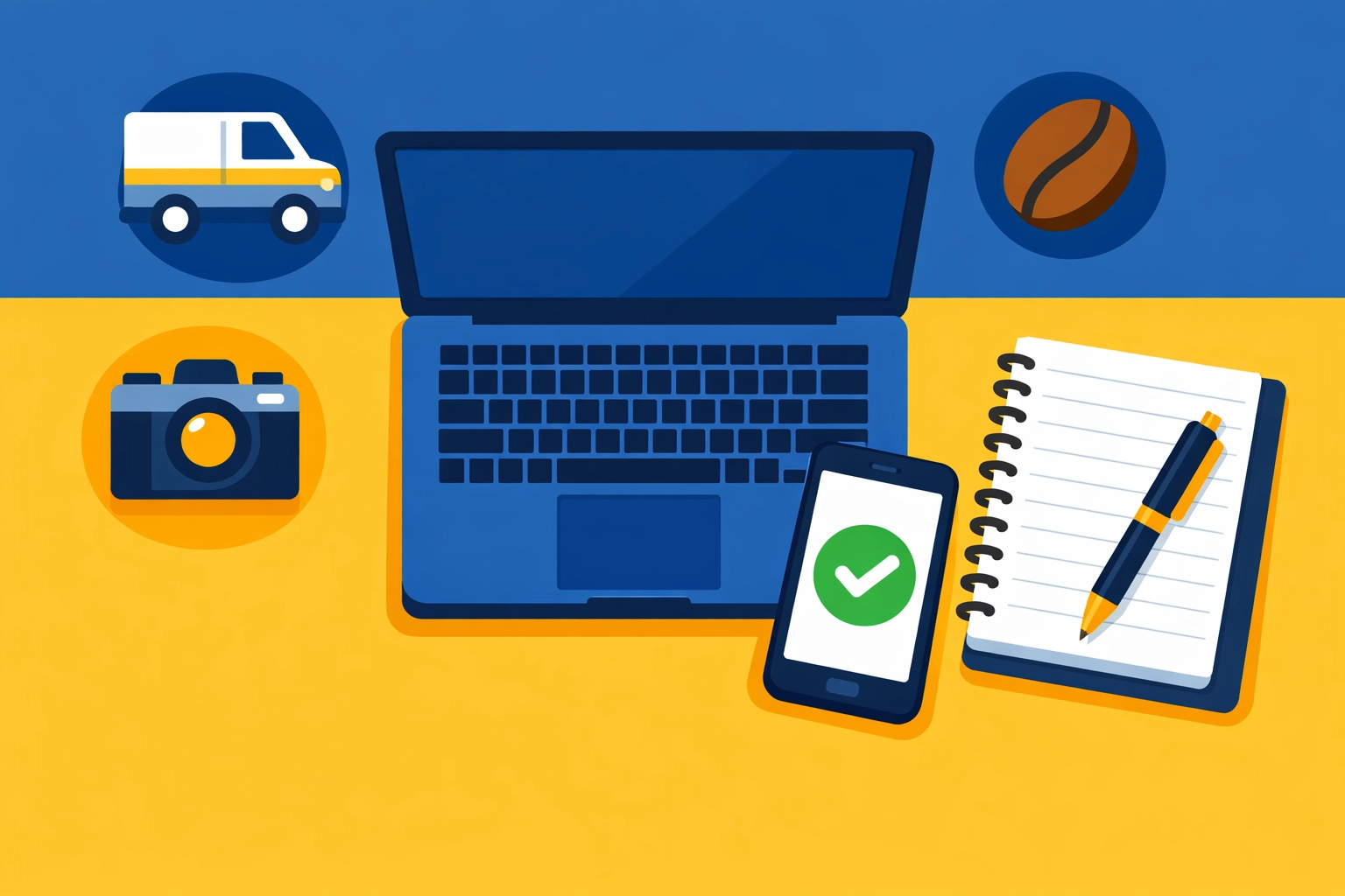 Workspace showing side hustle icons and a laptop to help New Haven small business owners manage 1099-K forms.