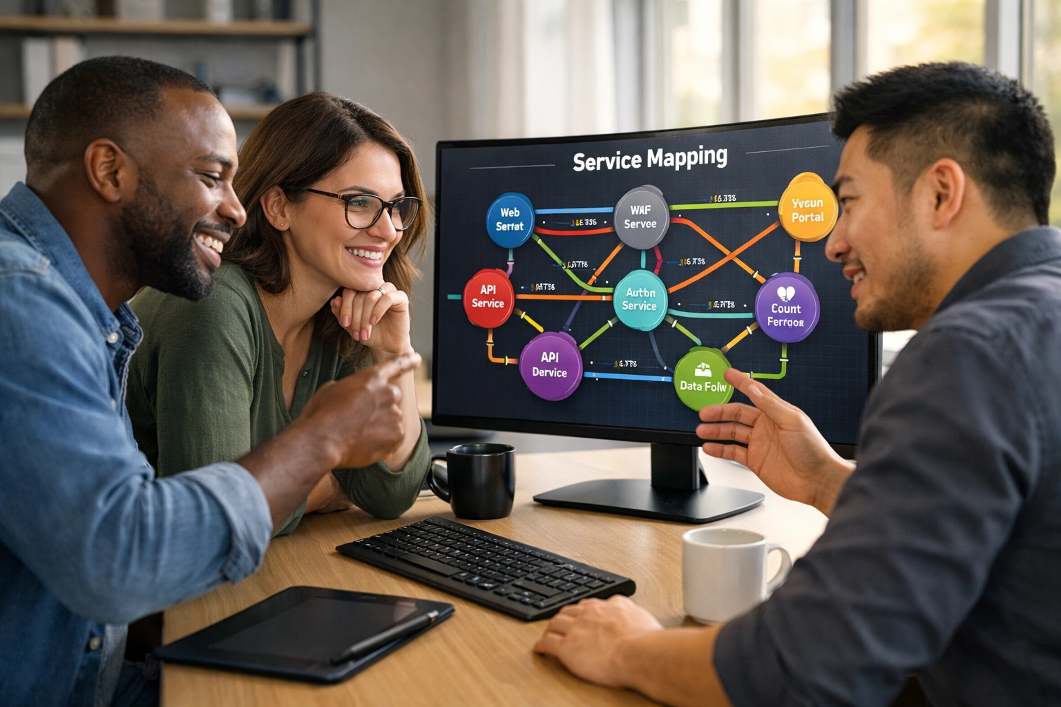 IT consulting team reviewing ServiceNow Service Mapping dependencies and application architecture