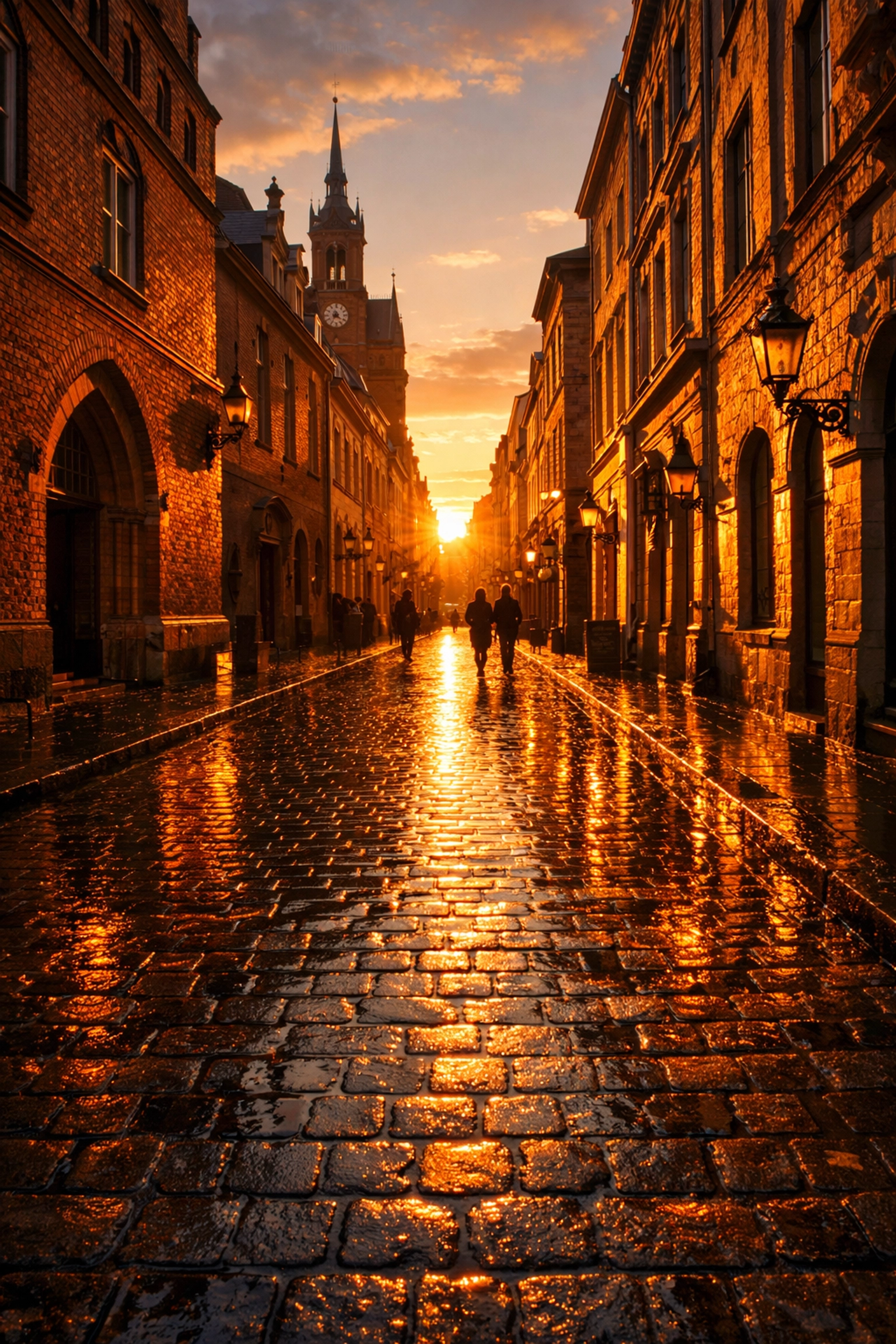 Golden hour lighting on a historic cobblestone street, perfect for discovering local photo spots near me.