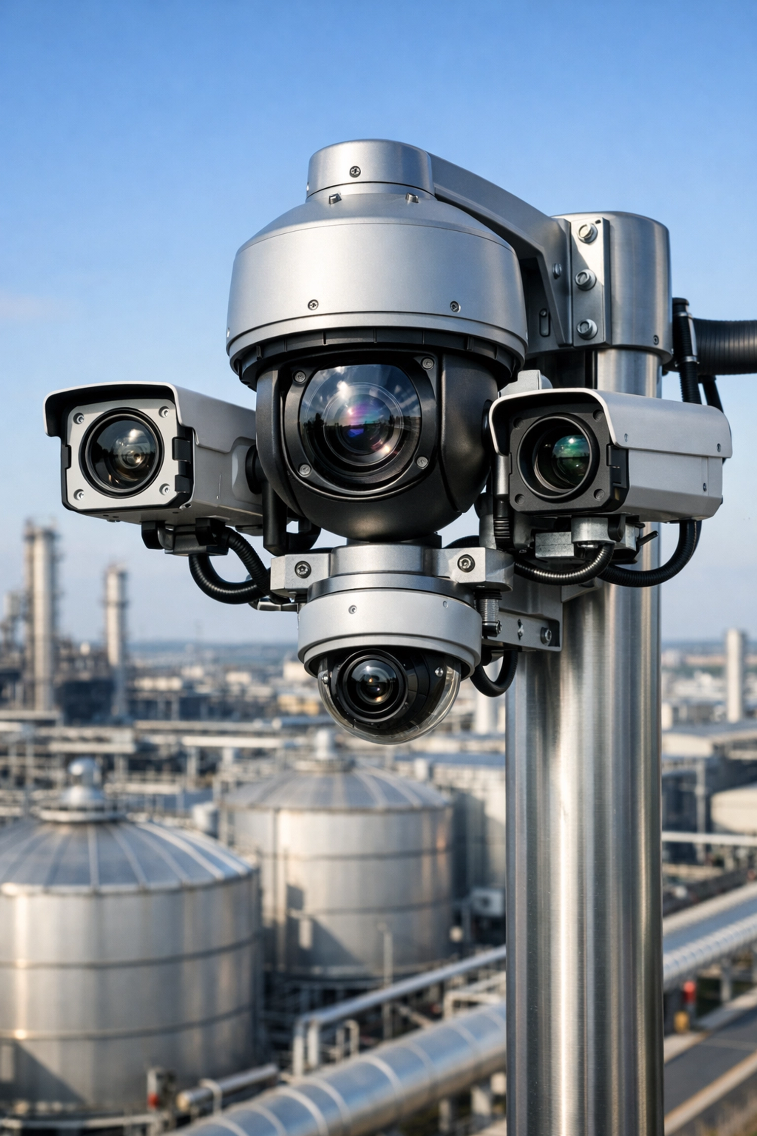 Modern CCTV security camera system providing advanced surveillance for a large-scale industrial facility.